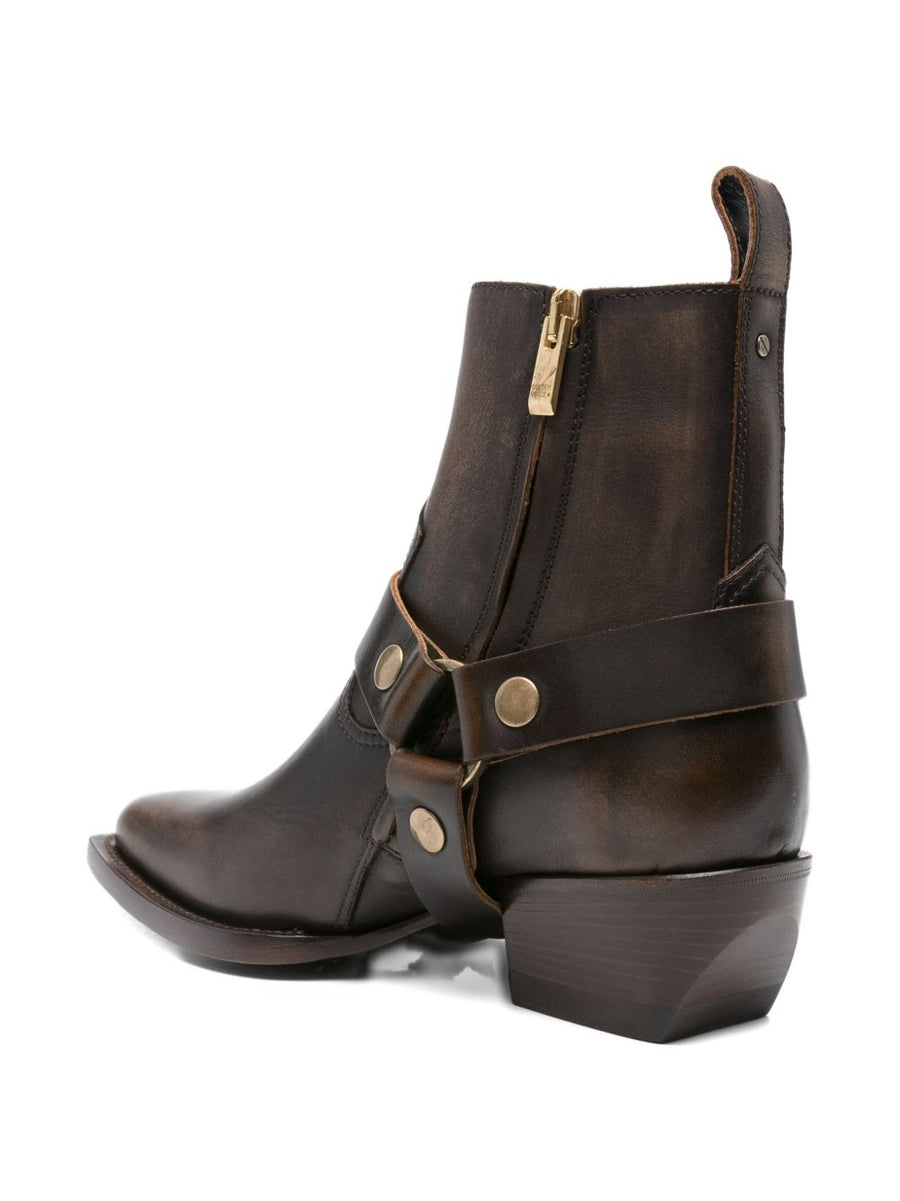 Golden Goose Debbie Ankle Boots For Women Dark Brown Calf Leather Pointed Toe Buckle Strap Gold Hardware 4cm Heel