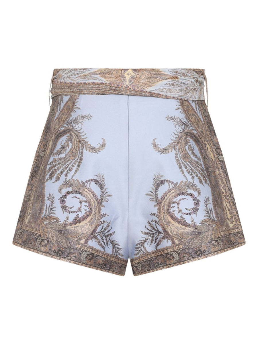 Zimmermann Paisley Print Silk Cotton Shorts For Women Resort Luxe Lilac Self Tie Belt