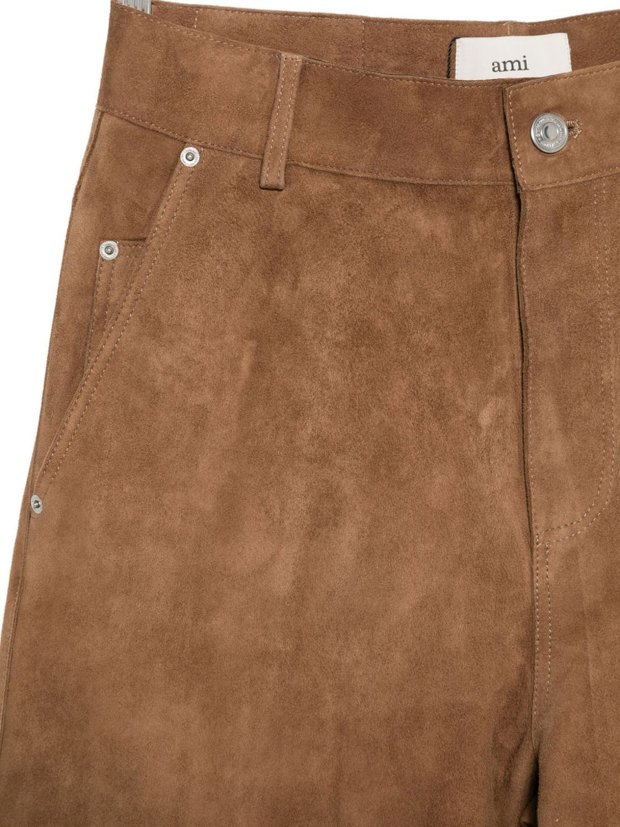 Ami Paris Suede Leather Trousers For Women Wide Leg Brown Goat Suede With Side Pockets Button Fastening