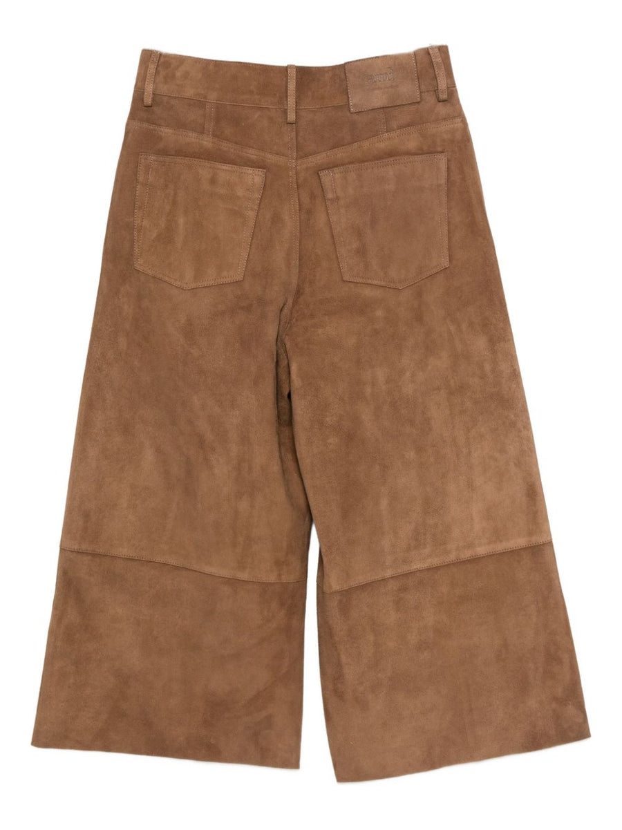 Ami Paris Suede Leather Trousers For Women Wide Leg Brown Goat Suede With Side Pockets Button Fastening