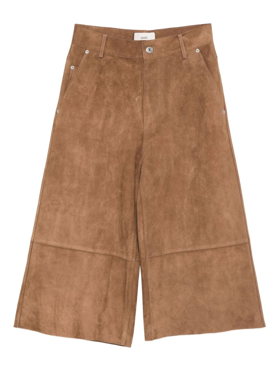 Ami Paris Suede Leather Trousers For Women Wide Leg Brown Goat Suede With Side Pockets Button Fastening