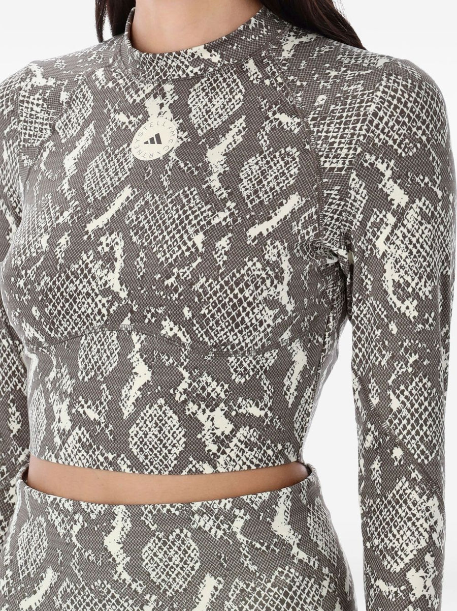 Adidas By Stella McCartney Logo Top For Women, Premium Cropped Mock-Neck Long-Sleeve With Light Grey Snake Print