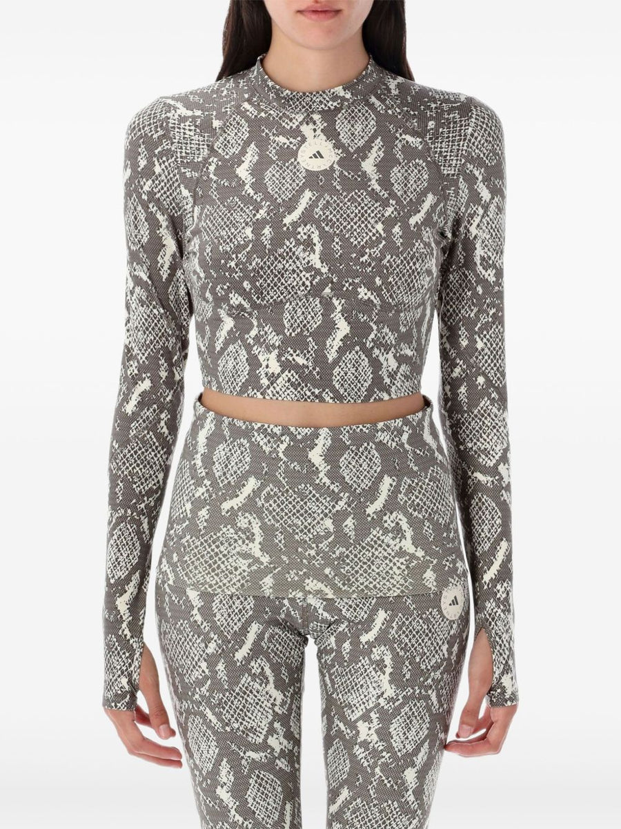 Adidas By Stella McCartney Logo Top For Women, Premium Cropped Mock-Neck Long-Sleeve With Light Grey Snake Print
