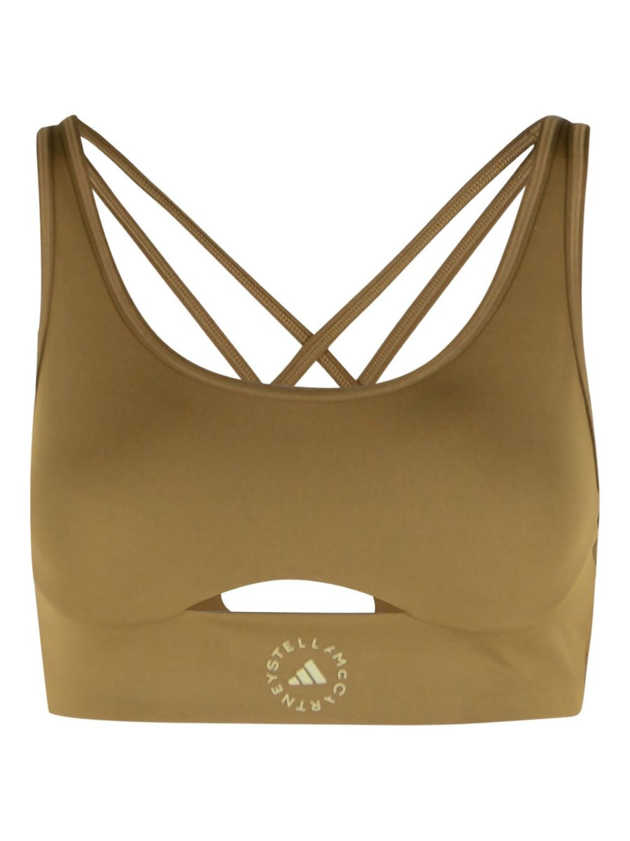 Adidas By Stella McCartney Logo Gym Bra For Women Removable Cups CrossBack Straps Brown