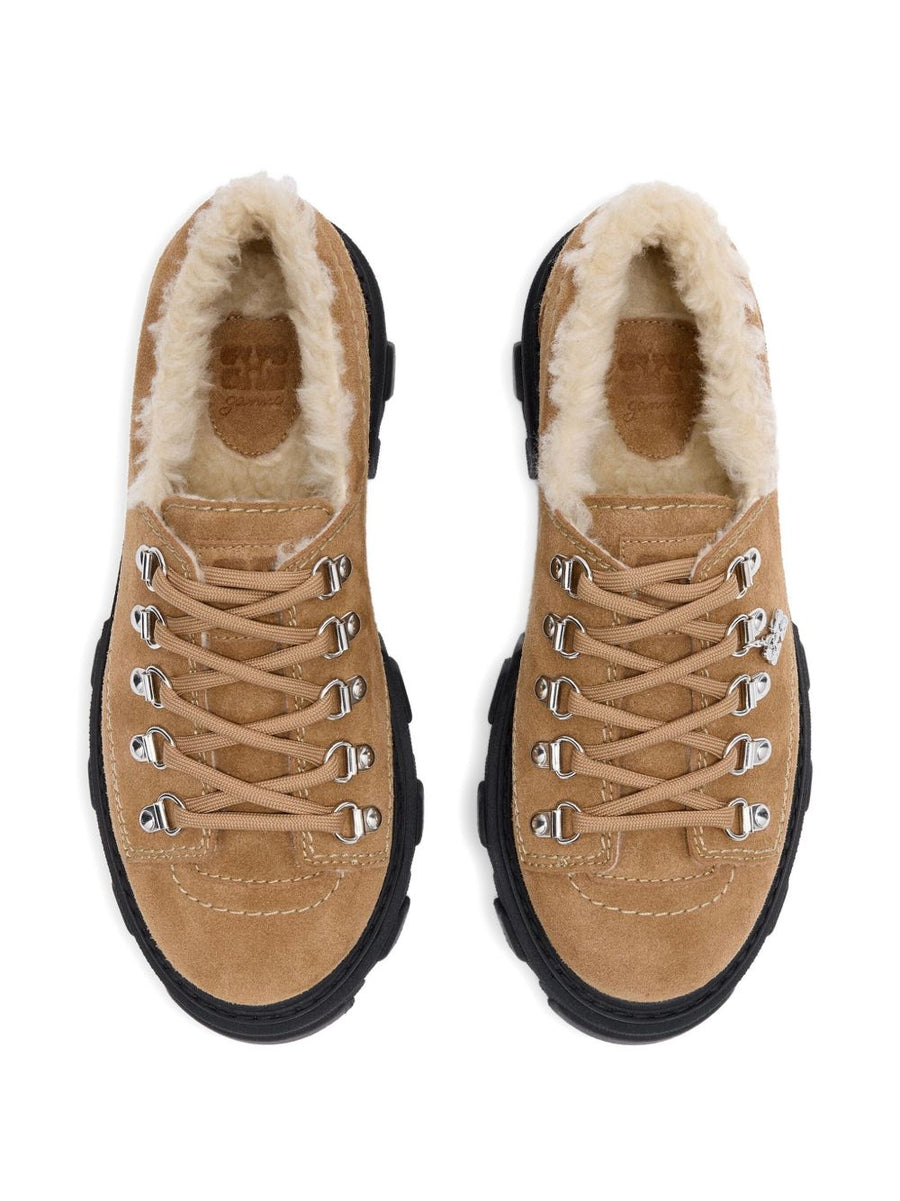 Ganni Cleated Derby Loafers For Women With Shearling Lining In Brown Suede And Rugged Cleated Sole