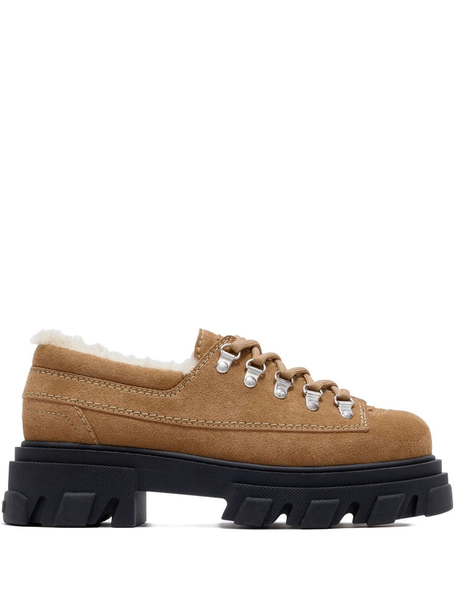 Ganni Cleated Derby Loafers For Women With Shearling Lining In Brown Suede And Rugged Cleated Sole