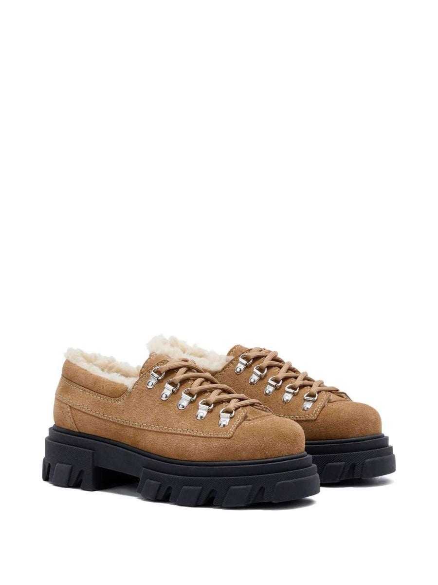Ganni Cleated Derby Loafers For Women With Shearling Lining In Brown Suede And Rugged Cleated Sole