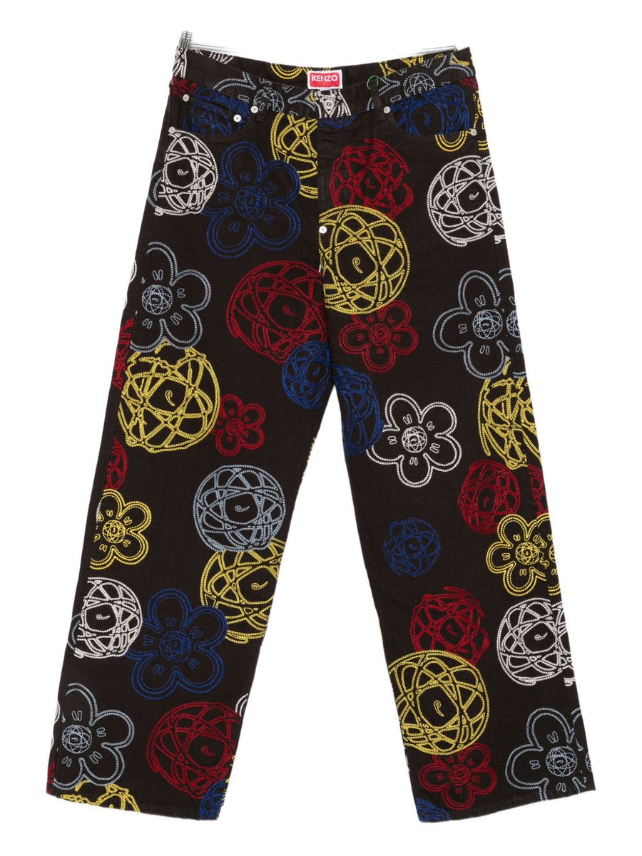 Kenzo Futura Embroidered Cotton Trousers for Men with Multicolor Flower Globe Motifs Graffiti Label