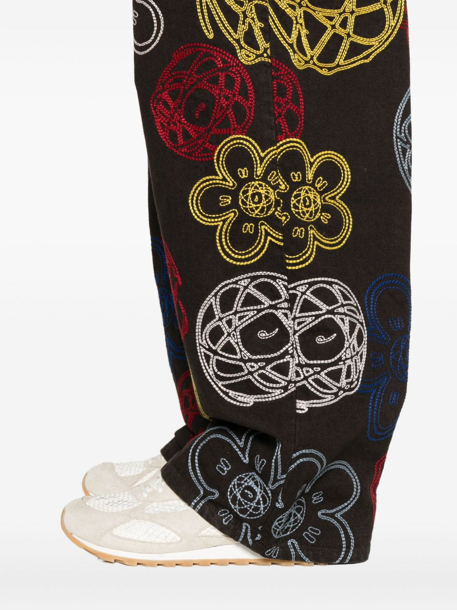 Kenzo Futura Embroidered Cotton Trousers for Men with Multicolor Flower Globe Motifs Graffiti Label