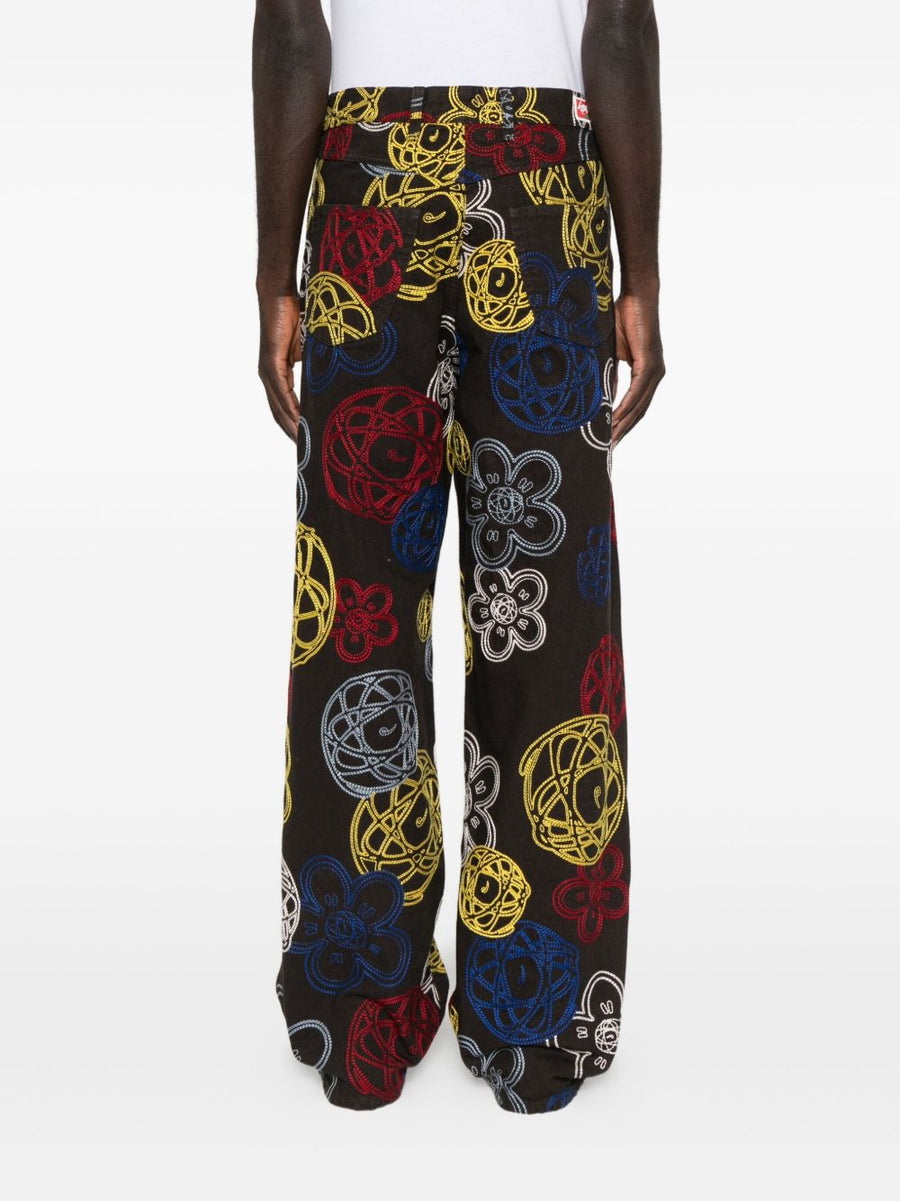 Kenzo Futura Embroidered Cotton Trousers for Men with Multicolor Flower Globe Motifs Graffiti Label