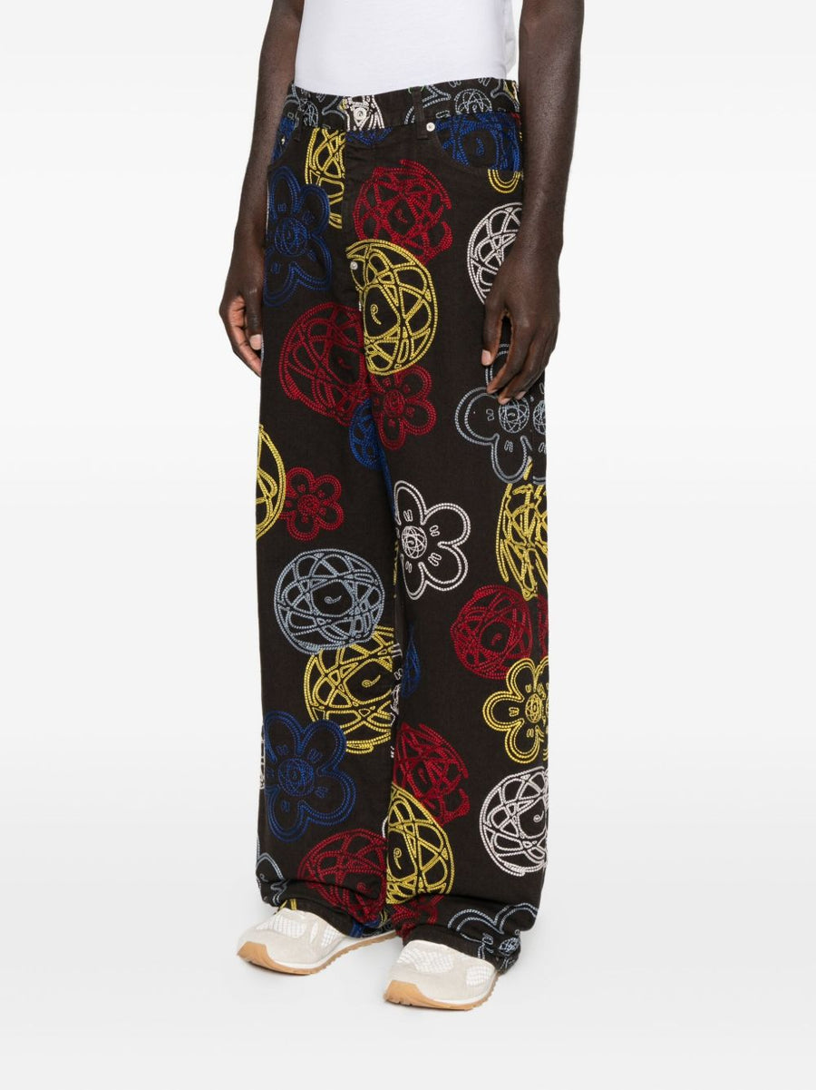 Kenzo Futura Embroidered Cotton Trousers for Men with Multicolor Flower Globe Motifs Graffiti Label