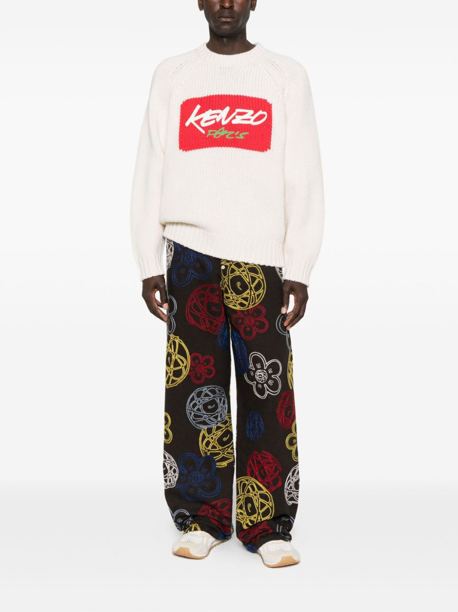 Kenzo Futura Embroidered Cotton Trousers for Men with Multicolor Flower Globe Motifs Graffiti Label
