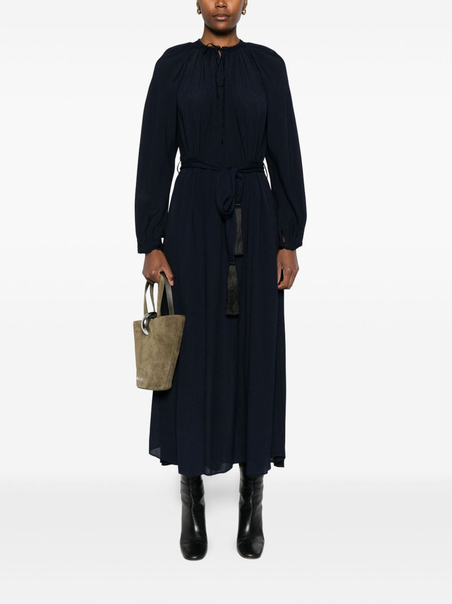 Forte Forte Crepe De Chine Long Dress Navy Elegant Tie Neck Belt Tassel Detail For Women