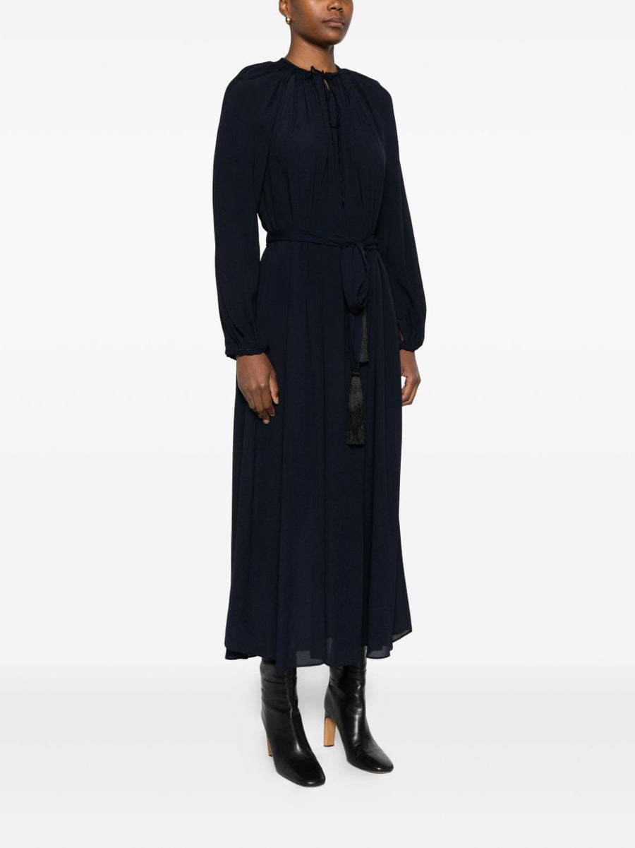 Forte Forte Crepe De Chine Long Dress Navy Elegant Tie Neck Belt Tassel Detail For Women