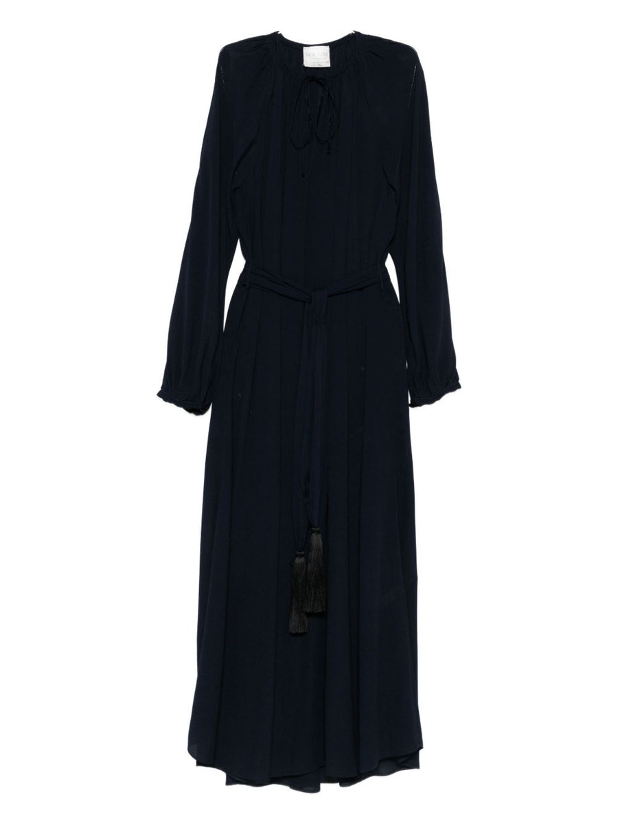 Forte Forte Crepe De Chine Long Dress Navy Elegant Tie Neck Belt Tassel Detail For Women