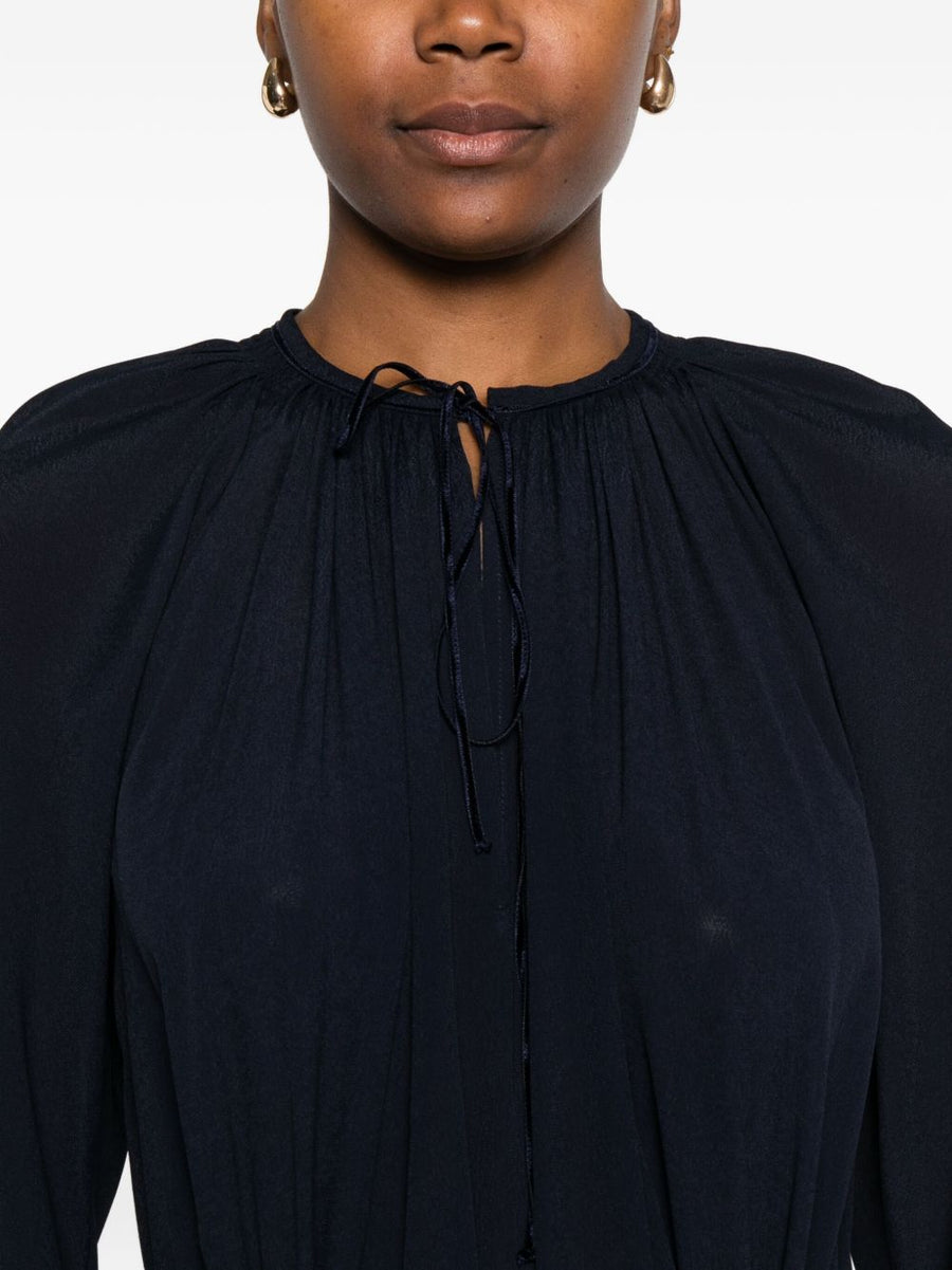 Forte Forte Crepe De Chine Long Dress Navy Elegant Tie Neck Belt Tassel Detail For Women