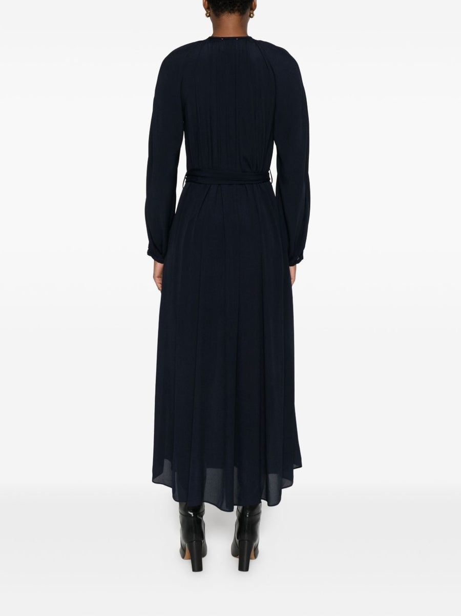 Forte Forte Crepe De Chine Long Dress Navy Elegant Tie Neck Belt Tassel Detail For Women