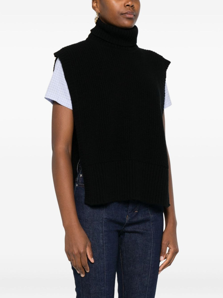 Davantino Wool Sleeveless Turtleneck Top For Women Premium Black Layering Ribbed Knit