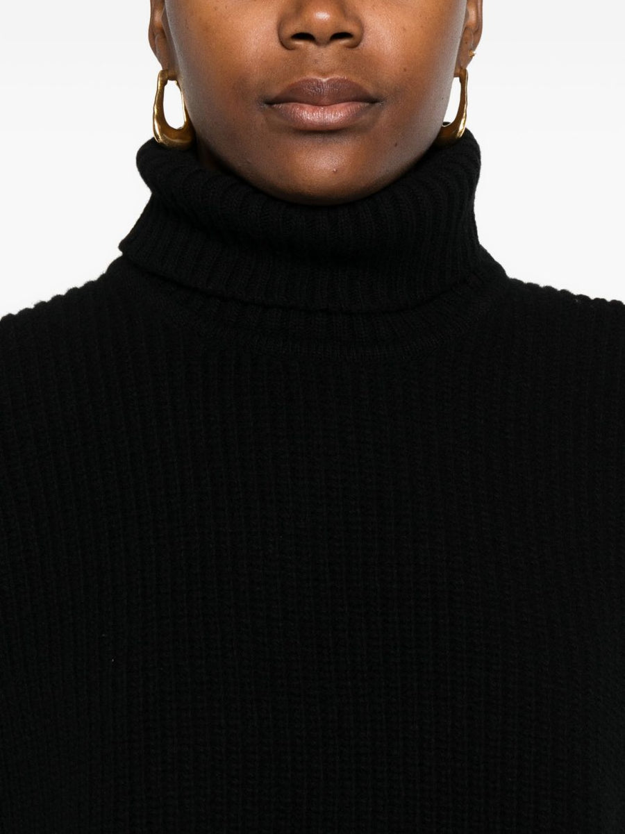 Davantino Wool Sleeveless Turtleneck Top For Women Premium Black Layering Ribbed Knit