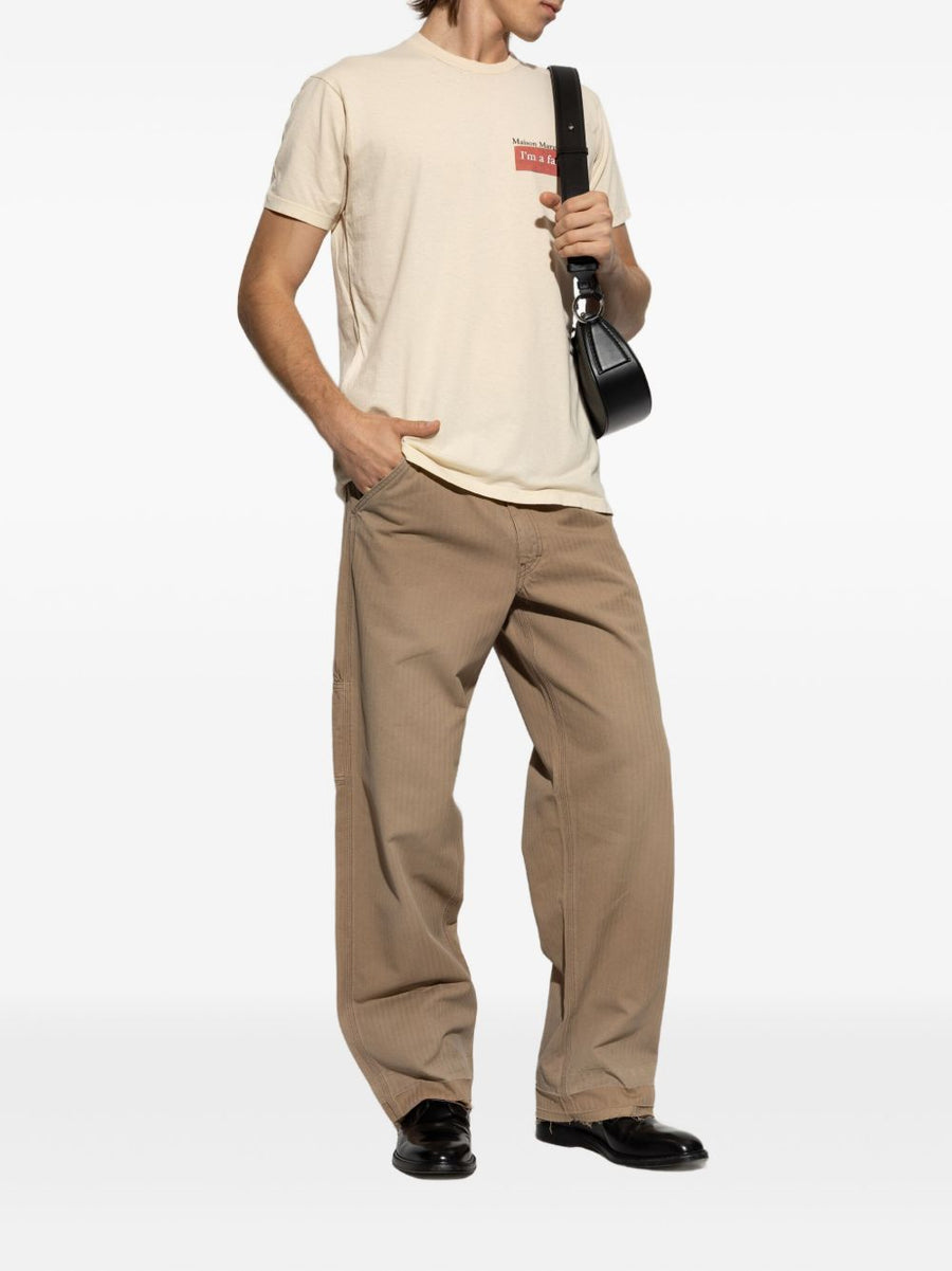 Maison Margiela Beige Herringbone Cotton Trousers For Men With Multiple Pockets And Frayed Hem