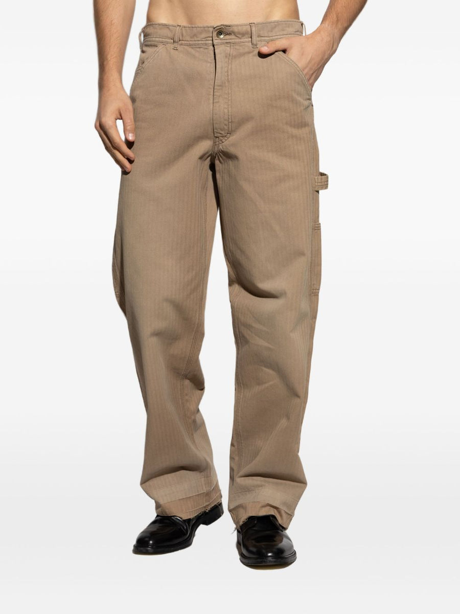 Maison Margiela Beige Herringbone Cotton Trousers For Men With Multiple Pockets And Frayed Hem
