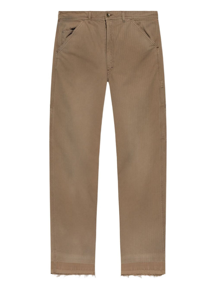 Maison Margiela Beige Herringbone Cotton Trousers For Men With Multiple Pockets And Frayed Hem