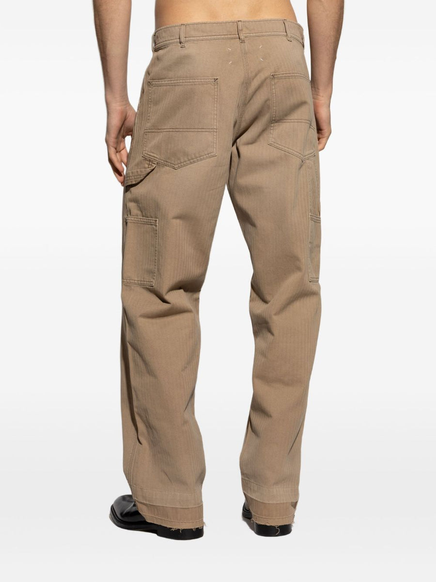 Maison Margiela Beige Herringbone Cotton Trousers For Men With Multiple Pockets And Frayed Hem