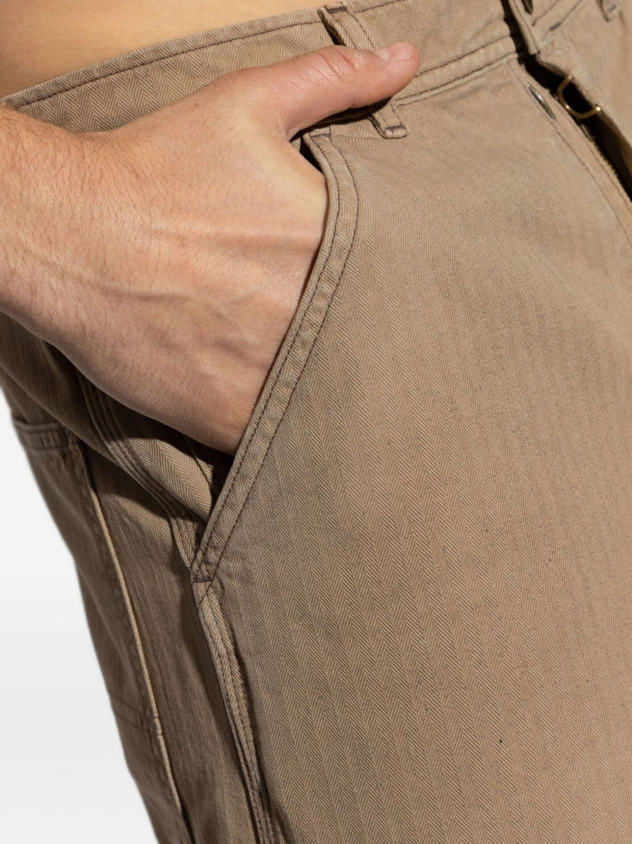 Maison Margiela Beige Herringbone Cotton Trousers For Men With Multiple Pockets And Frayed Hem