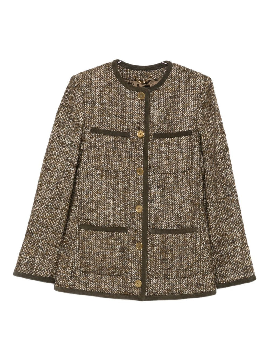 Luxurious Wool Blend Jacket By Golden Goose For Women With Brown Tweed Texture And Patch Pockets