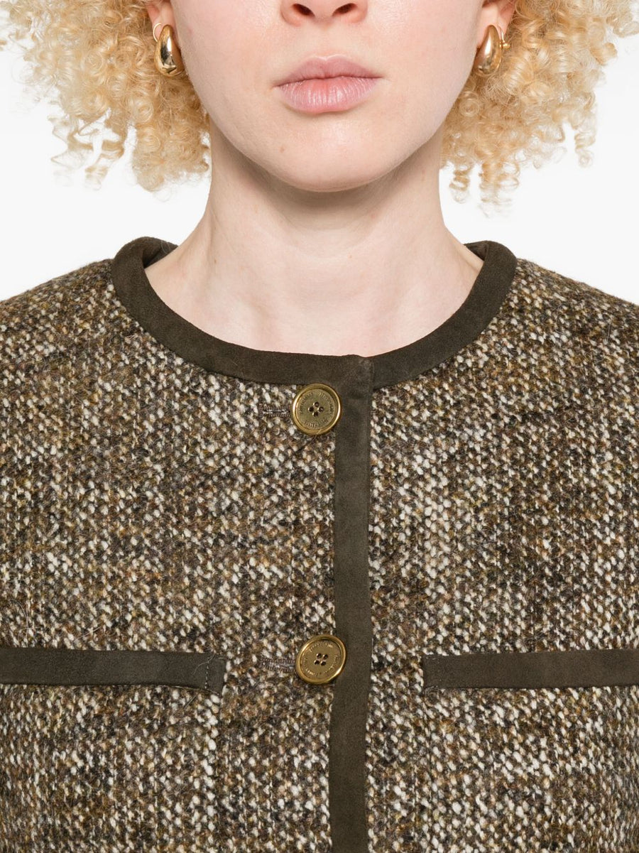 Luxurious Wool Blend Jacket By Golden Goose For Women With Brown Tweed Texture And Patch Pockets