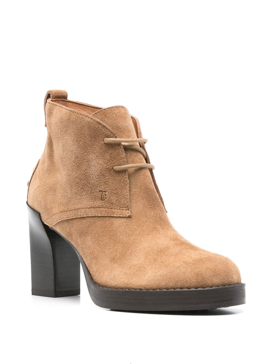 Tod's Suede Lace Up Ankle Boots For Women Camel With 9cm Heel And Rubber Sole Versatile Everyday Wear
