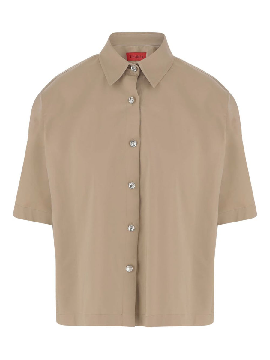Beige Cotton Shirt for Women by The Latest, True To Size Fit with Stretch, Jewel Button Short Sleeve