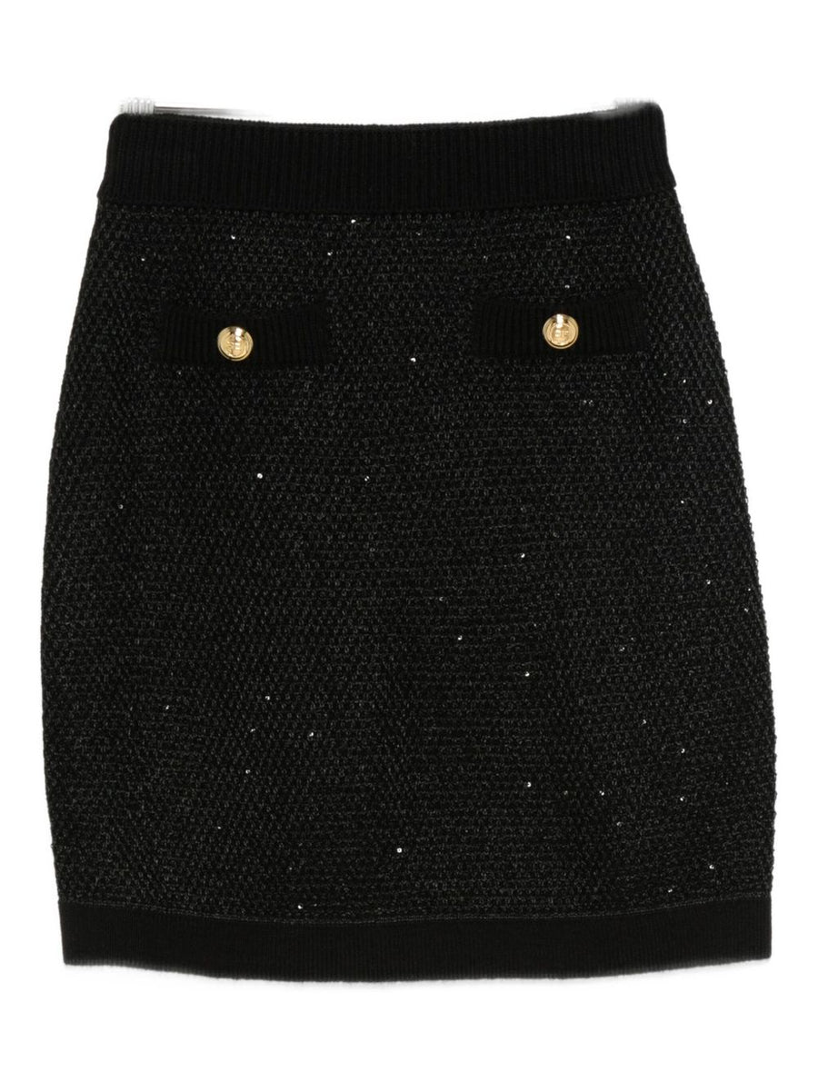 Elisabetta Franchi Wool Knit Skirt For Women Timeless Black Officewear With Button Detail And Ribbed Waistband