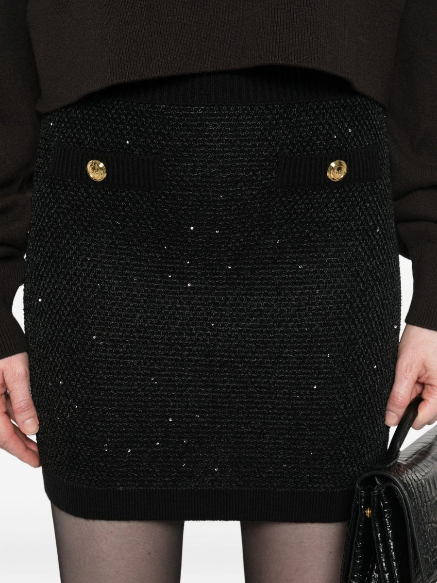 Elisabetta Franchi Wool Knit Skirt For Women Timeless Black Officewear With Button Detail And Ribbed Waistband