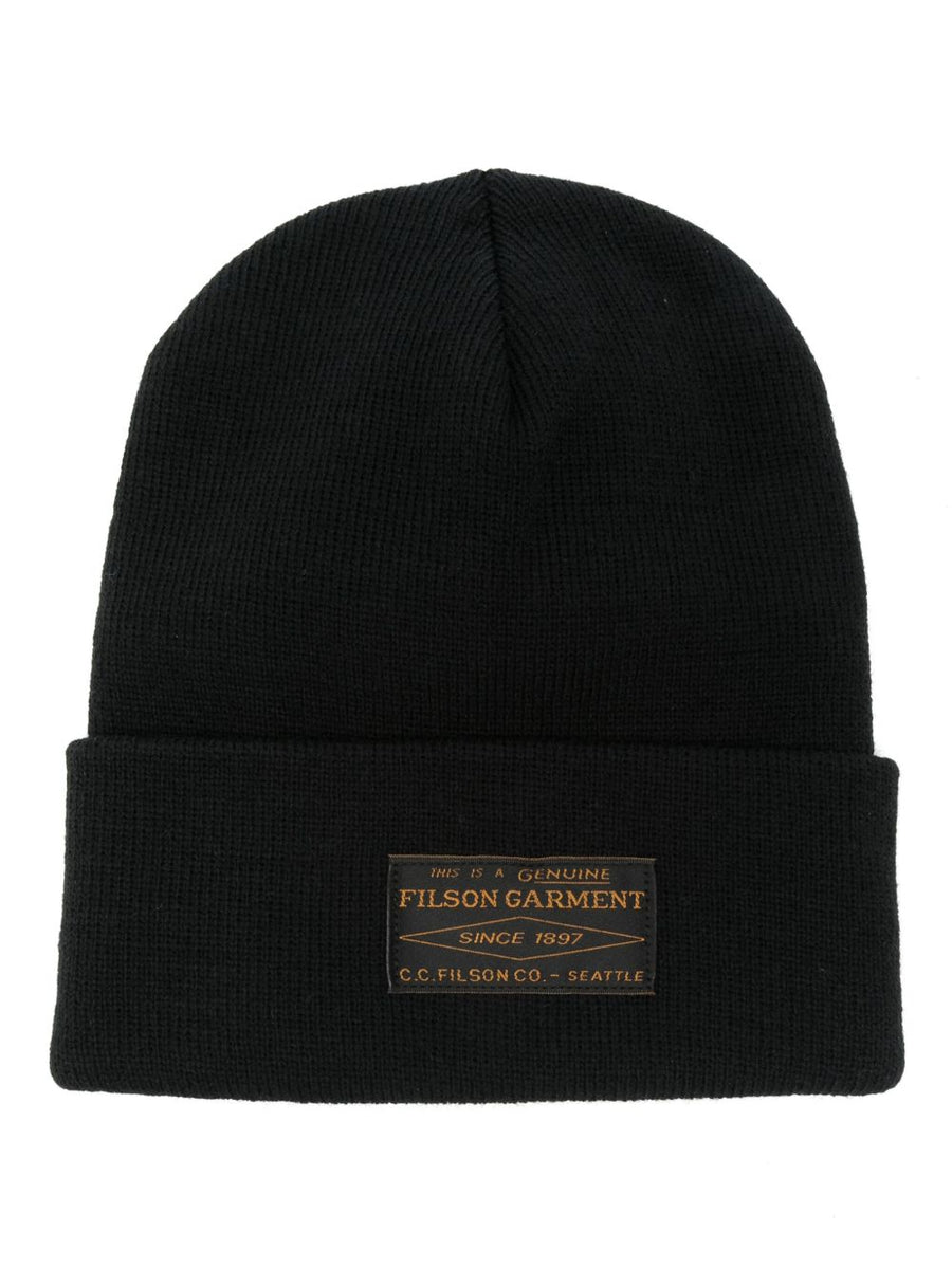 Filson Watch Cap Beanie for Men Warm Minimalist Black Acrylic Knit Cap With Front Logo Patch