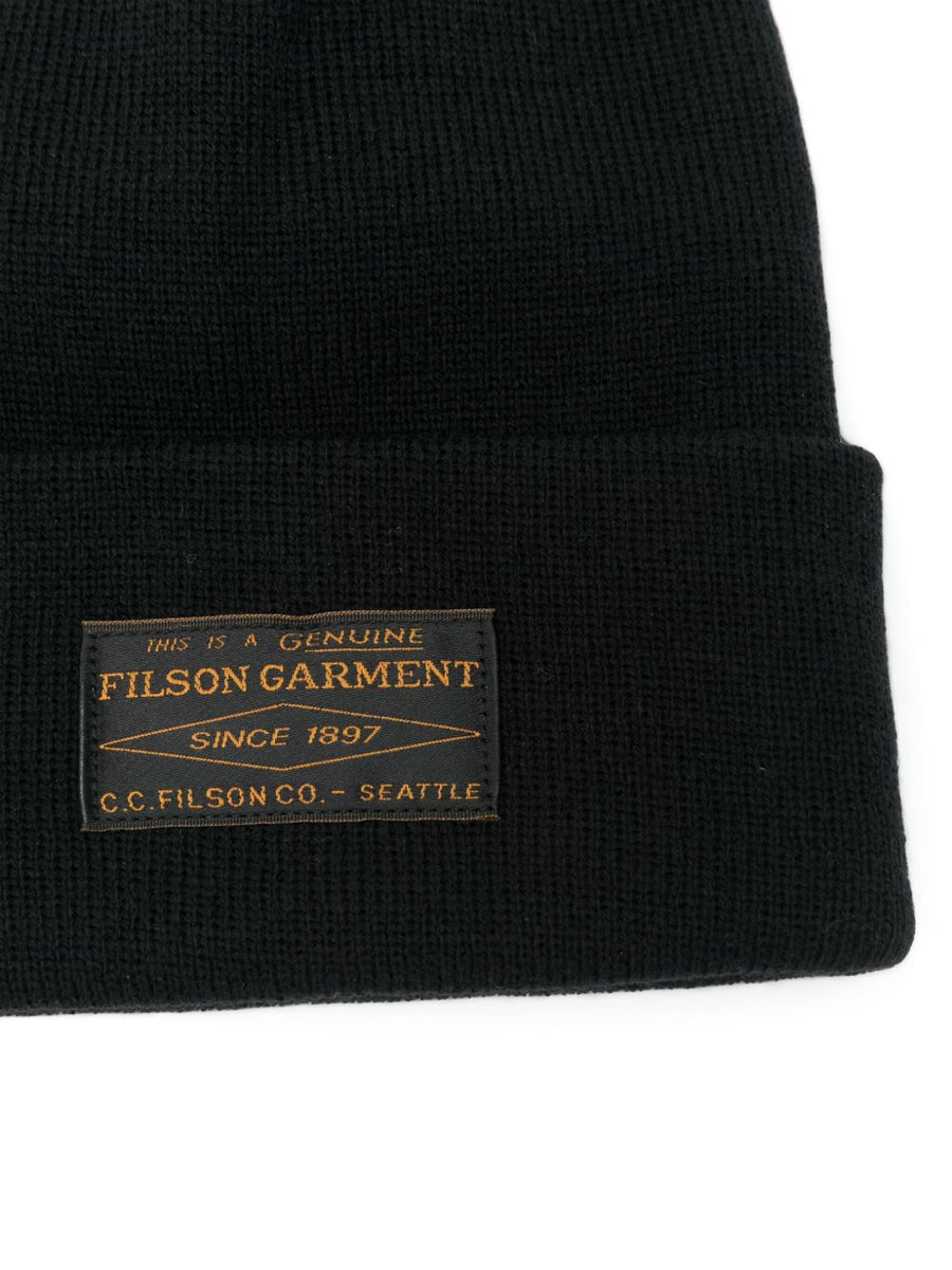 Filson Watch Cap Beanie for Men Warm Minimalist Black Acrylic Knit Cap With Front Logo Patch