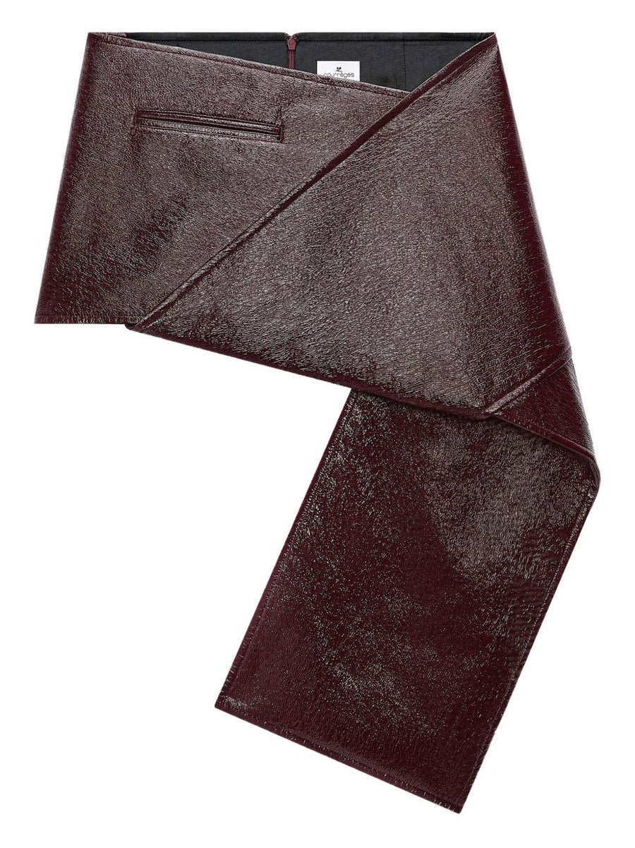 Courreges Bordeaux Vinyl Mini Skirt Bold Glossy PU Finish With Asymmetric Folded Back Panel For Fashion Forward Women