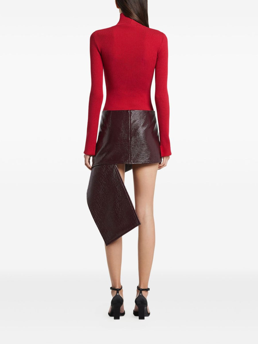 Courreges Bordeaux Vinyl Mini Skirt Bold Glossy PU Finish With Asymmetric Folded Back Panel For Fashion Forward Women