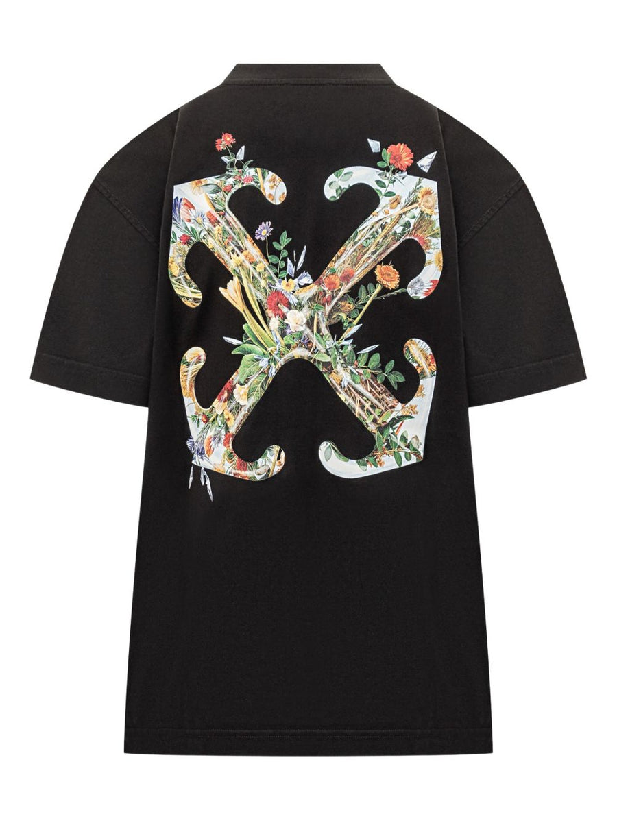 Off White Arrow Glass Flower Cotton T Shirt for Women With Black Logo Print And Arrow Motif Casual Luxe Topwear