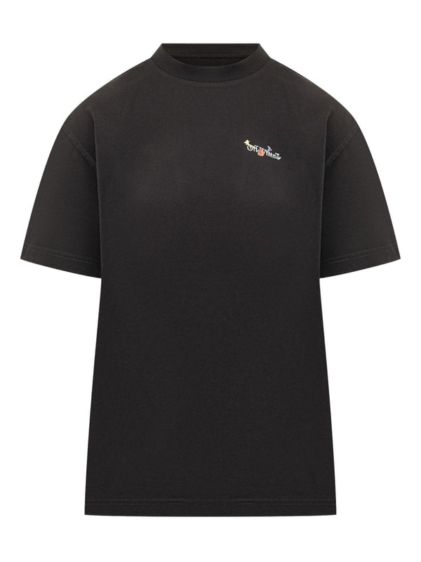 Off White Arrow Glass Flower Cotton T Shirt for Women With Black Logo Print And Arrow Motif Casual Luxe Topwear