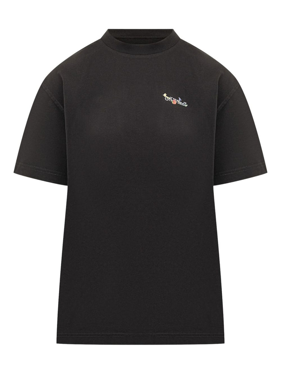 Off White Arrow Glass Flower Cotton T Shirt for Women With Black Logo Print And Arrow Motif Casual Luxe Topwear