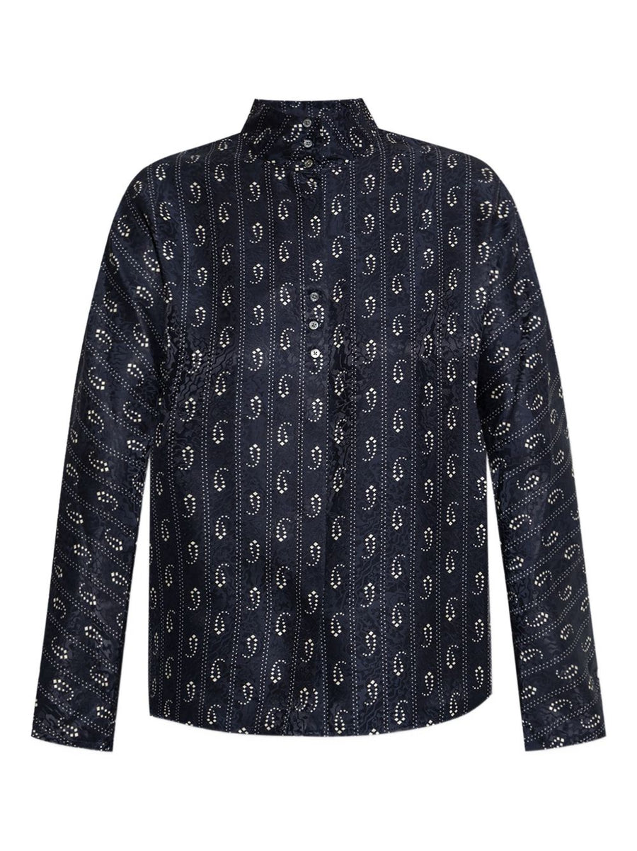 Tory Burch Jacquard Viscose Shirt Paisley Navy For Women Mandarin Collar Everyday Workwear