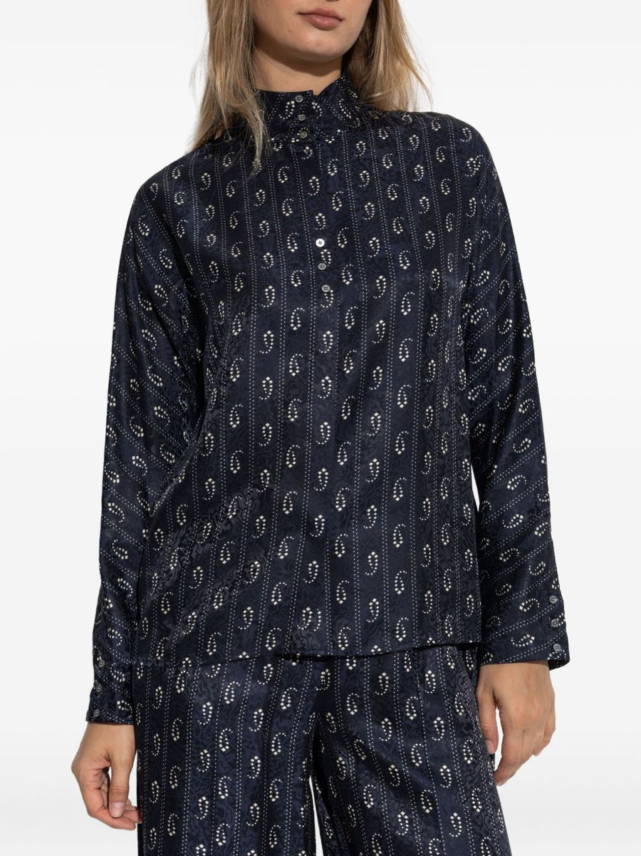 Tory Burch Jacquard Viscose Shirt Paisley Navy For Women Mandarin Collar Everyday Workwear