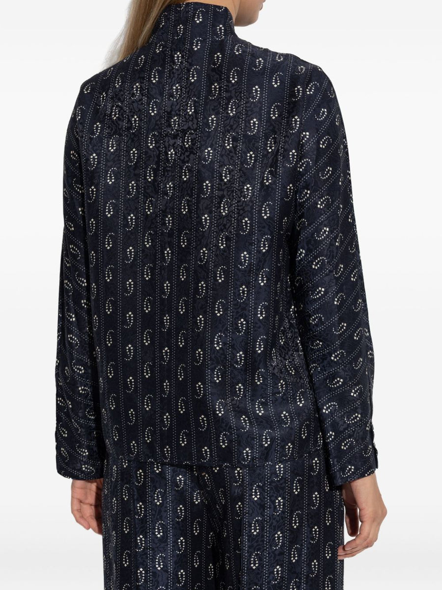 Tory Burch Jacquard Viscose Shirt Paisley Navy For Women Mandarin Collar Everyday Workwear