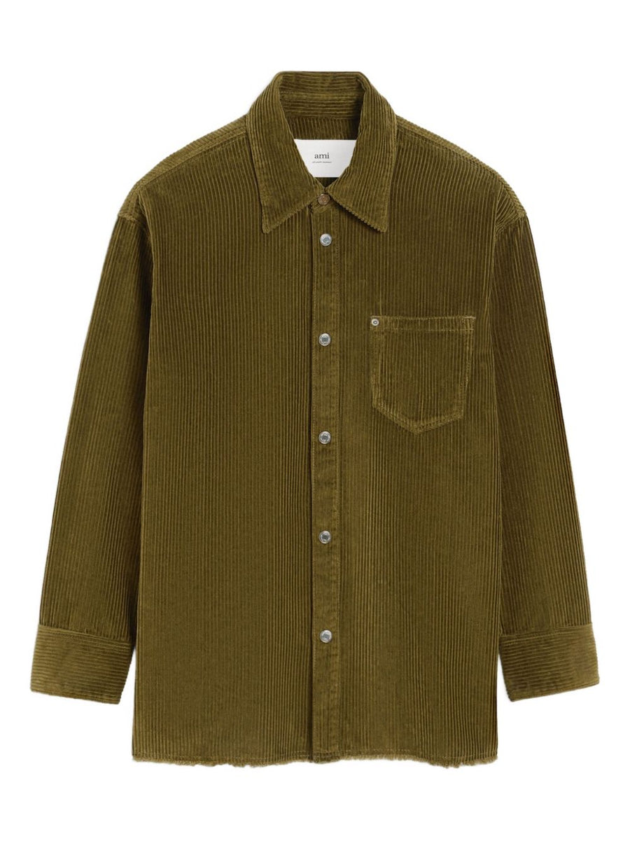 Ami Paris Cotton Overshirt For Men In Olive Corduroy With Bronze Logo Patch Everyday Versatile Layer