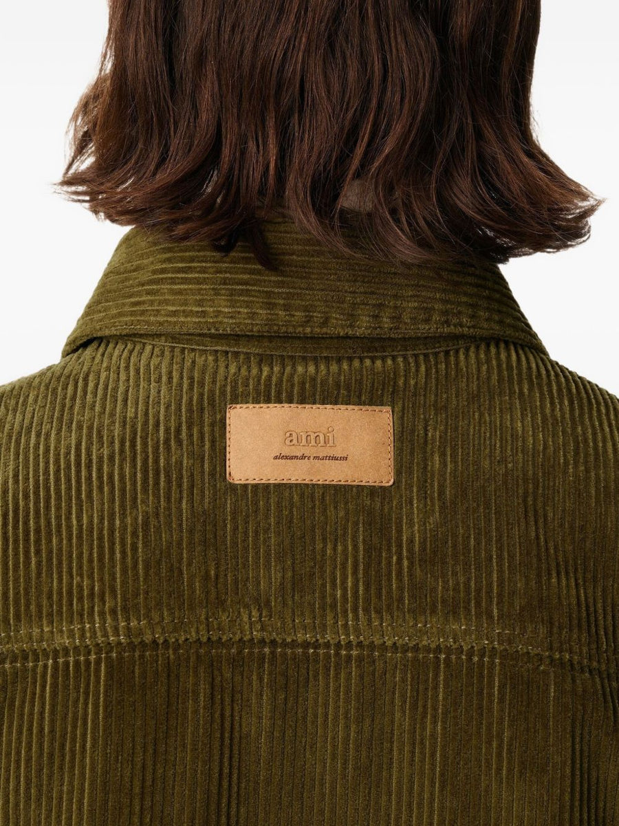 Ami Paris Cotton Overshirt For Men In Olive Corduroy With Bronze Logo Patch Everyday Versatile Layer