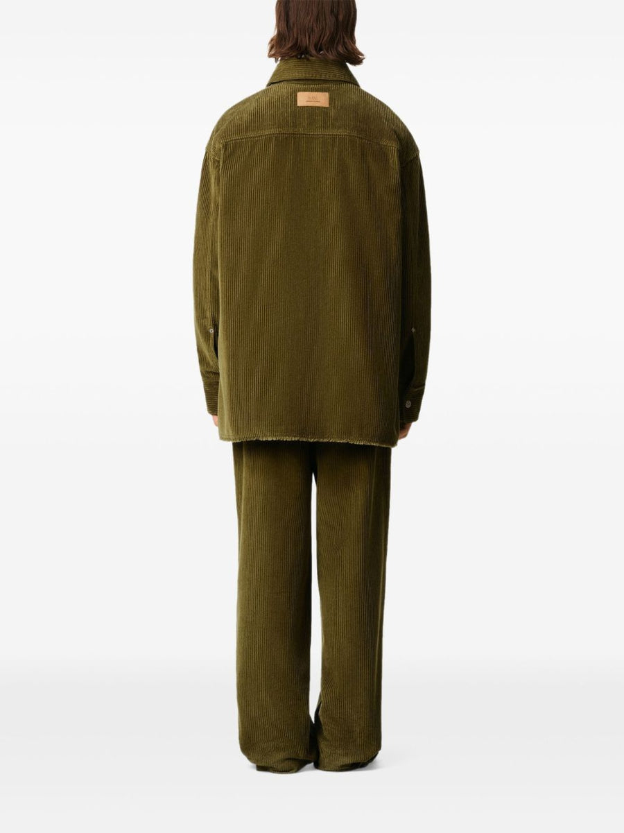 Ami Paris Cotton Overshirt For Men In Olive Corduroy With Bronze Logo Patch Everyday Versatile Layer