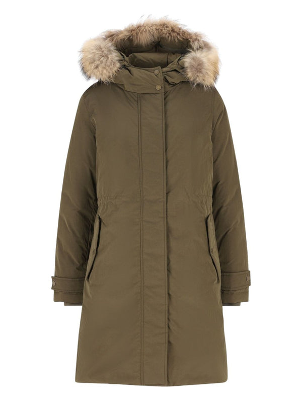 Woolrich Grace Long Parka For Women With Duck Down Warmth Detachable Fur Hood Concealed Front Closure Olive Green Coat