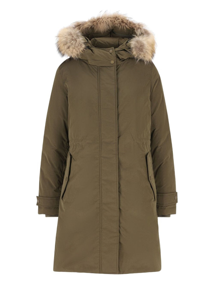 Woolrich Grace Long Parka For Women With Duck Down Warmth Detachable Fur Hood Concealed Front Closure Olive Green Coat