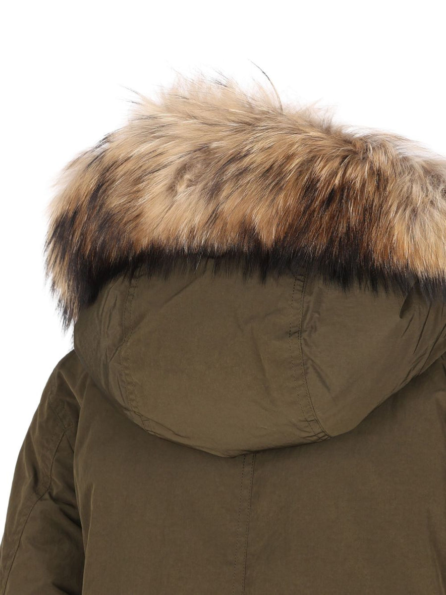 Woolrich Grace Long Parka For Women With Duck Down Warmth Detachable Fur Hood Concealed Front Closure Olive Green Coat